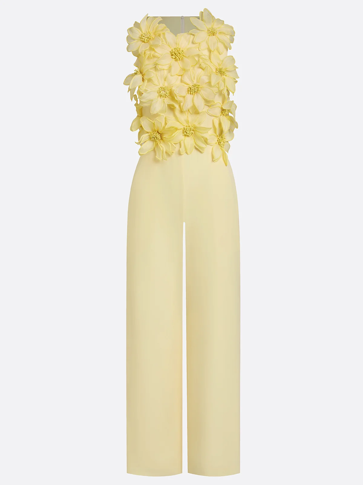 Women Yellow 3D Floral Crew Neck Sleeveless Elegant Jumpsuit