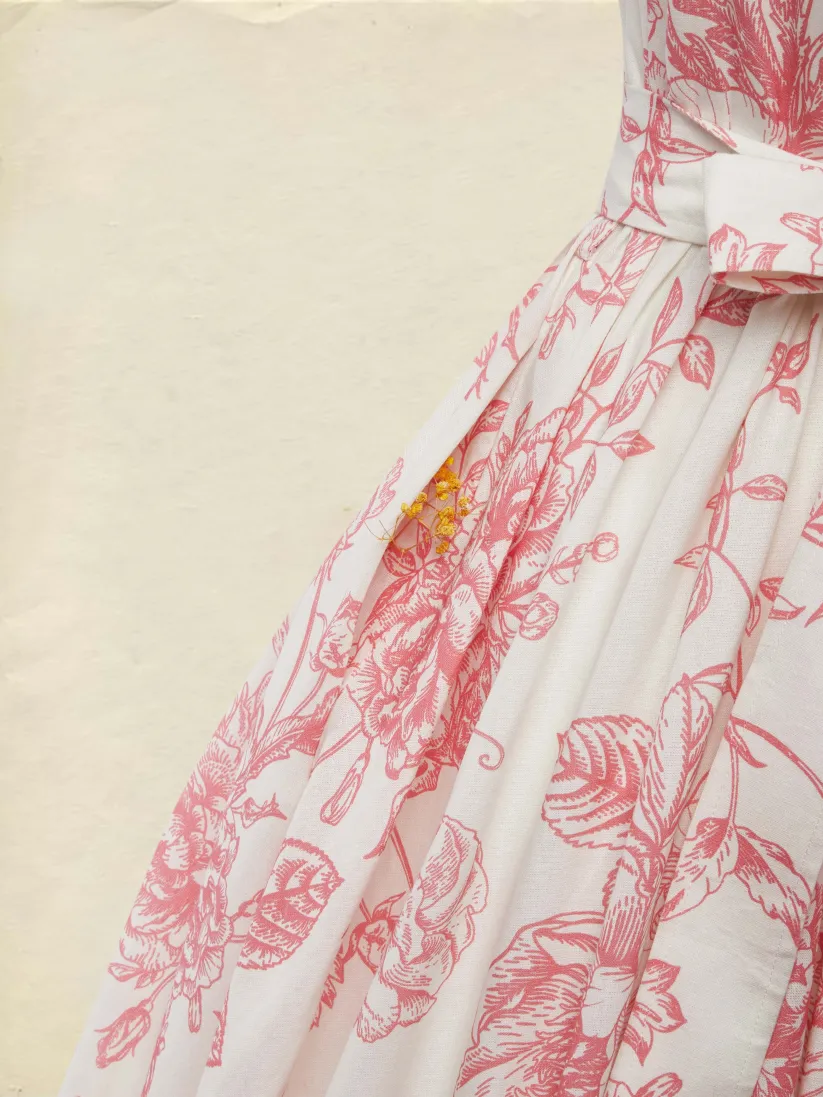  Maxi Linen Dress , Cap Sleeves, Stand Collar, Floral, Lace, Vintage, Apricot