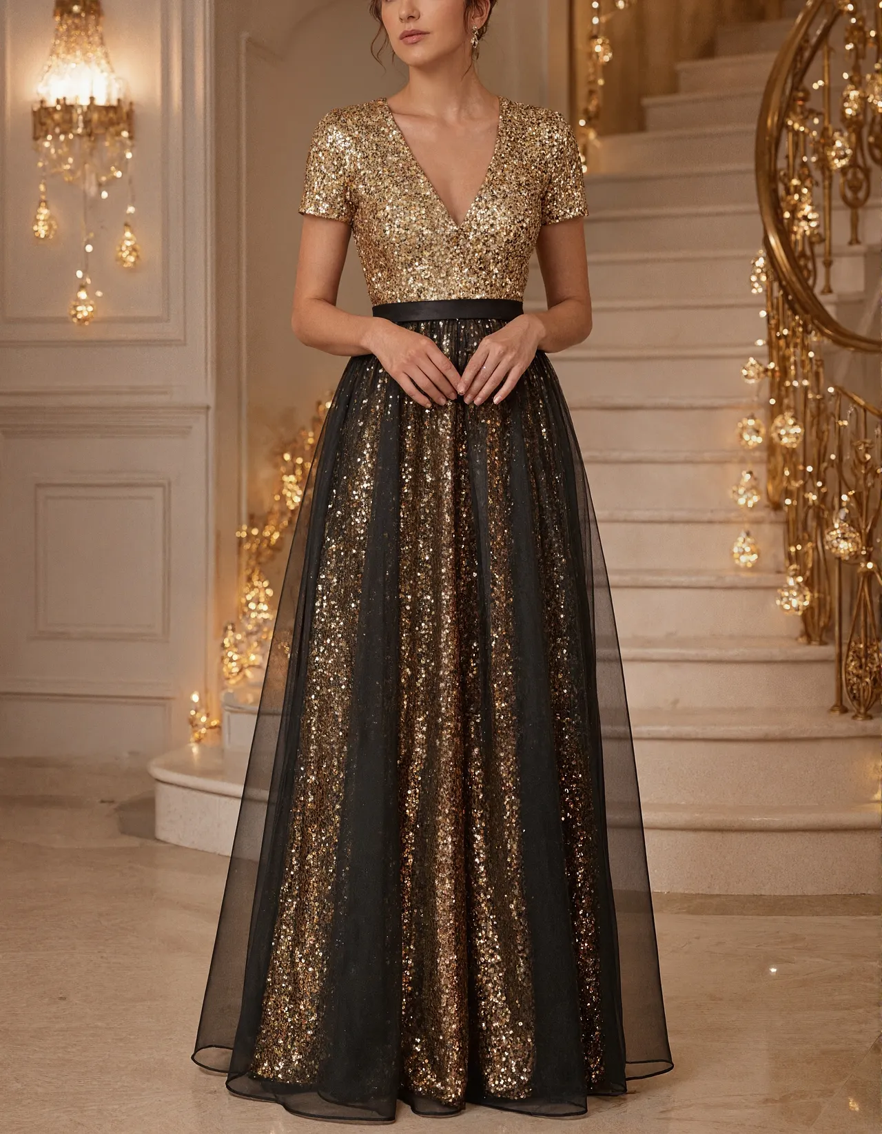 Solid Color Sequined Tulle Maxi Dress