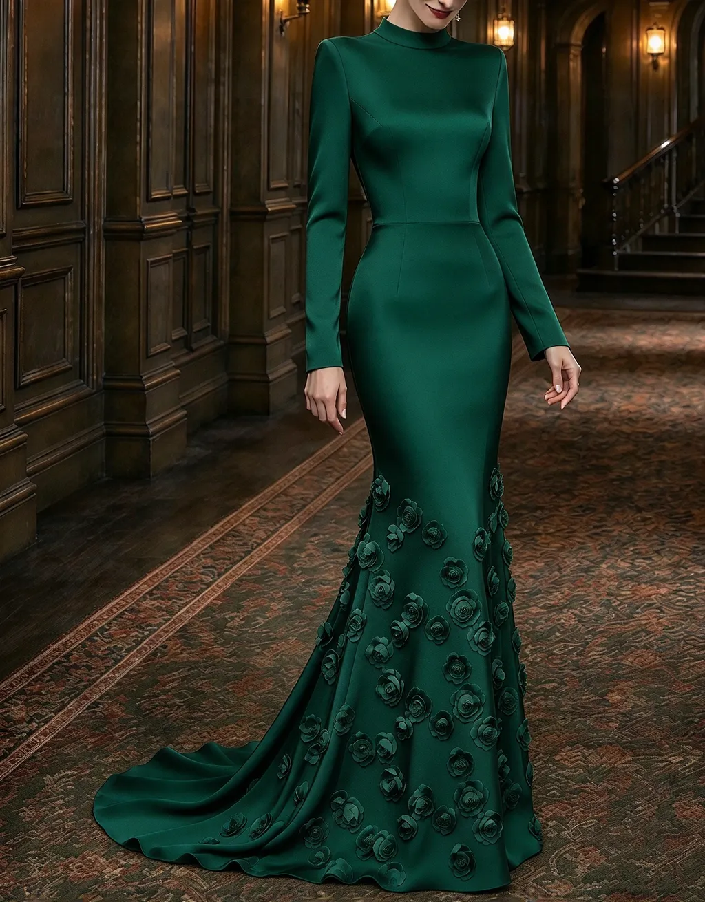 High Neck Long Sleeve Satin 3D Floral Mermaid Evening Maxi Dress