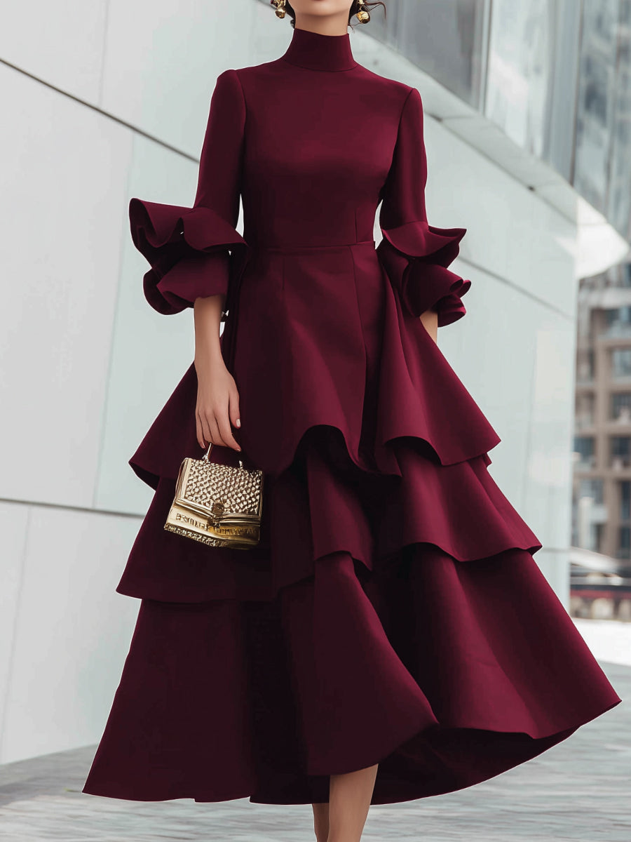 Wine Red Tiered Ruffle High Neck Midi Dress