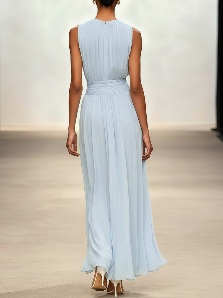 Light Blue Ruched Chiffon Crew Neck Sleeveless A-Line Maxi Dress