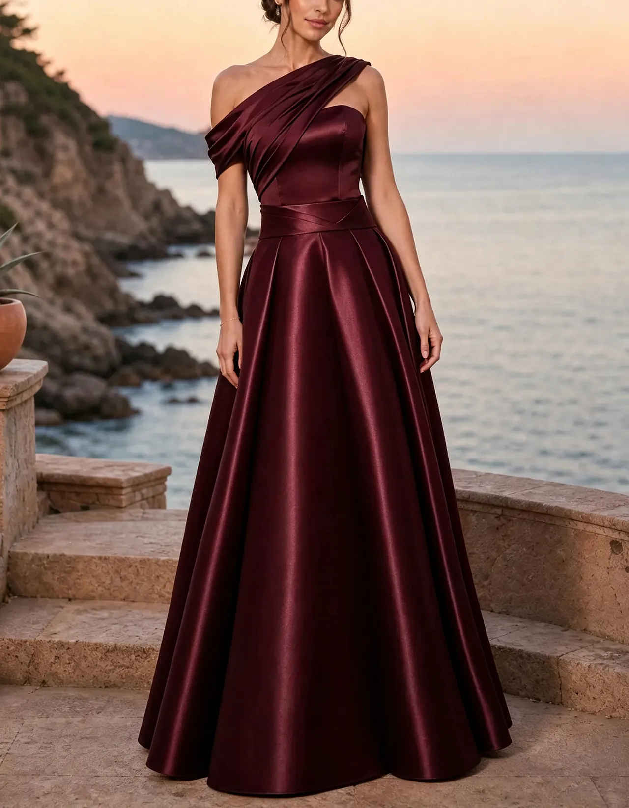 Satin Asymmetrical One Shoulder Twist Draped Maxi Dress