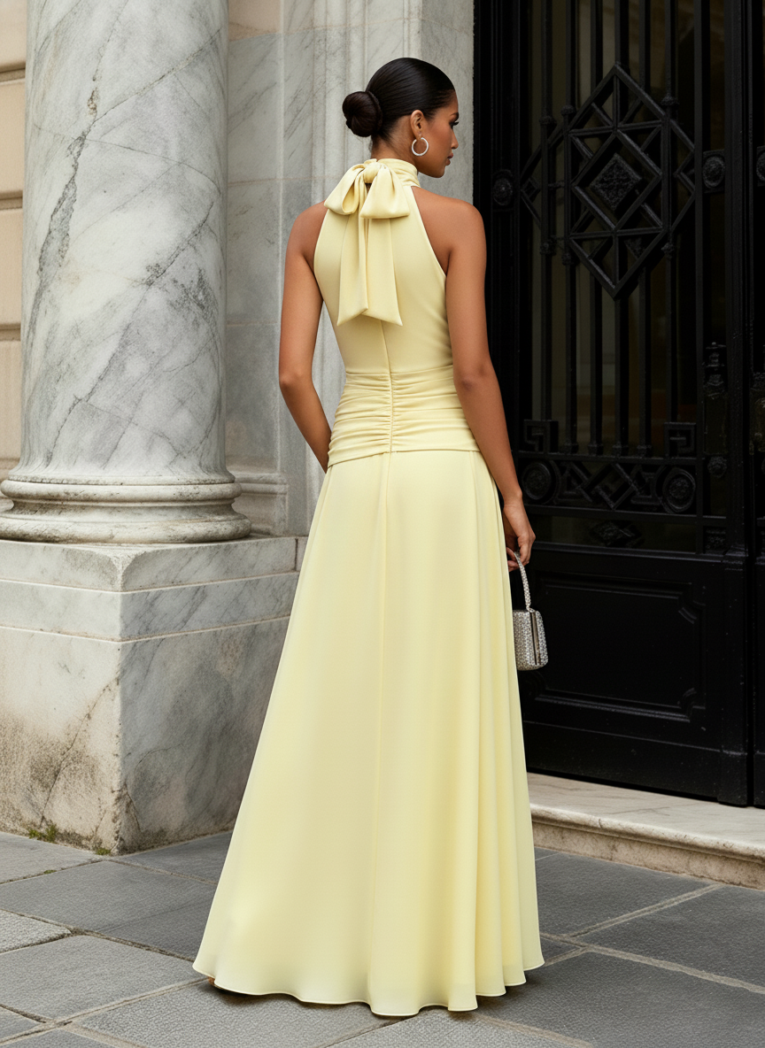 Yellow Ruched Chiffon Halter Neck Sleeveless A-Line Floor-length Gown Dress