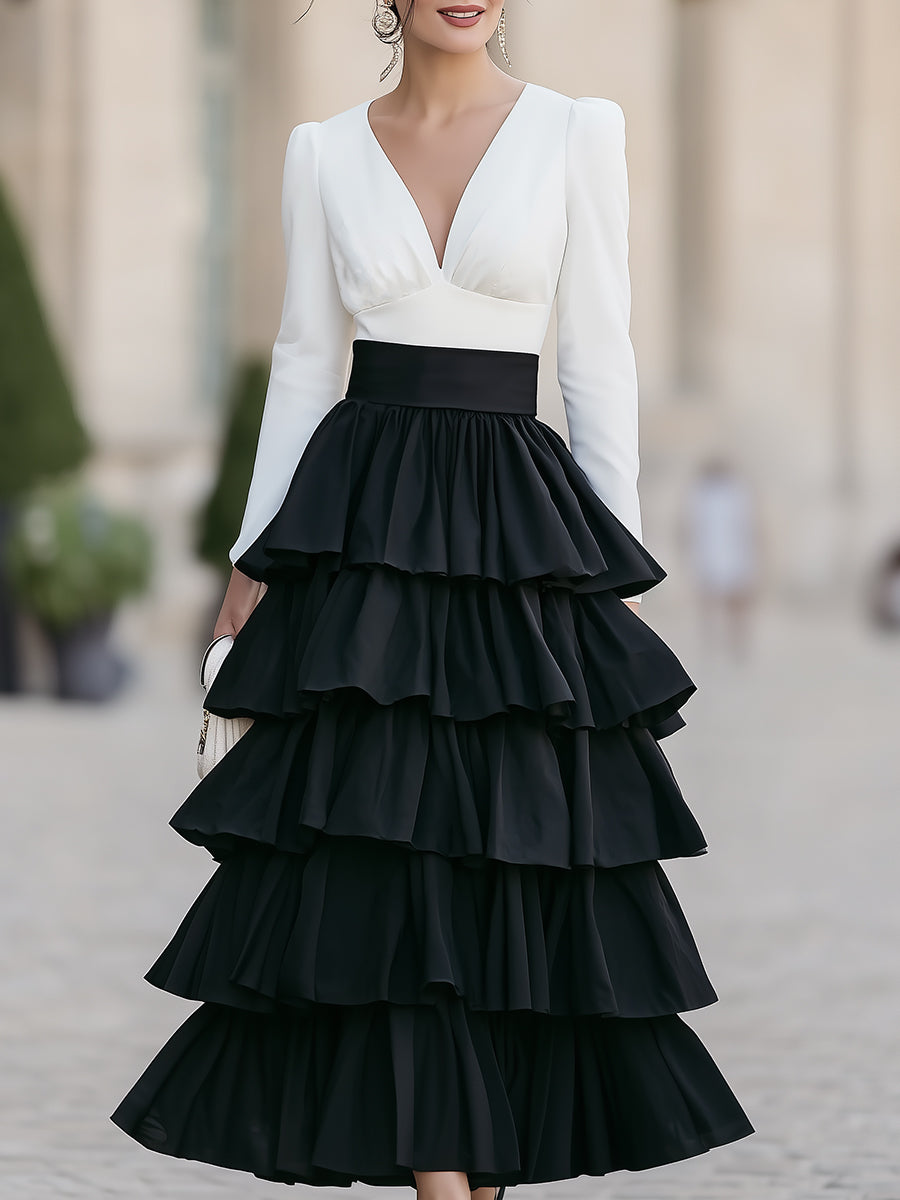 Black & White V-Neck Tiered Ruffle Maxi Dress