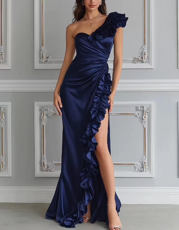 Navy Blue One Shoulder Floral Ruffle High Slit Satin Maxi Dress