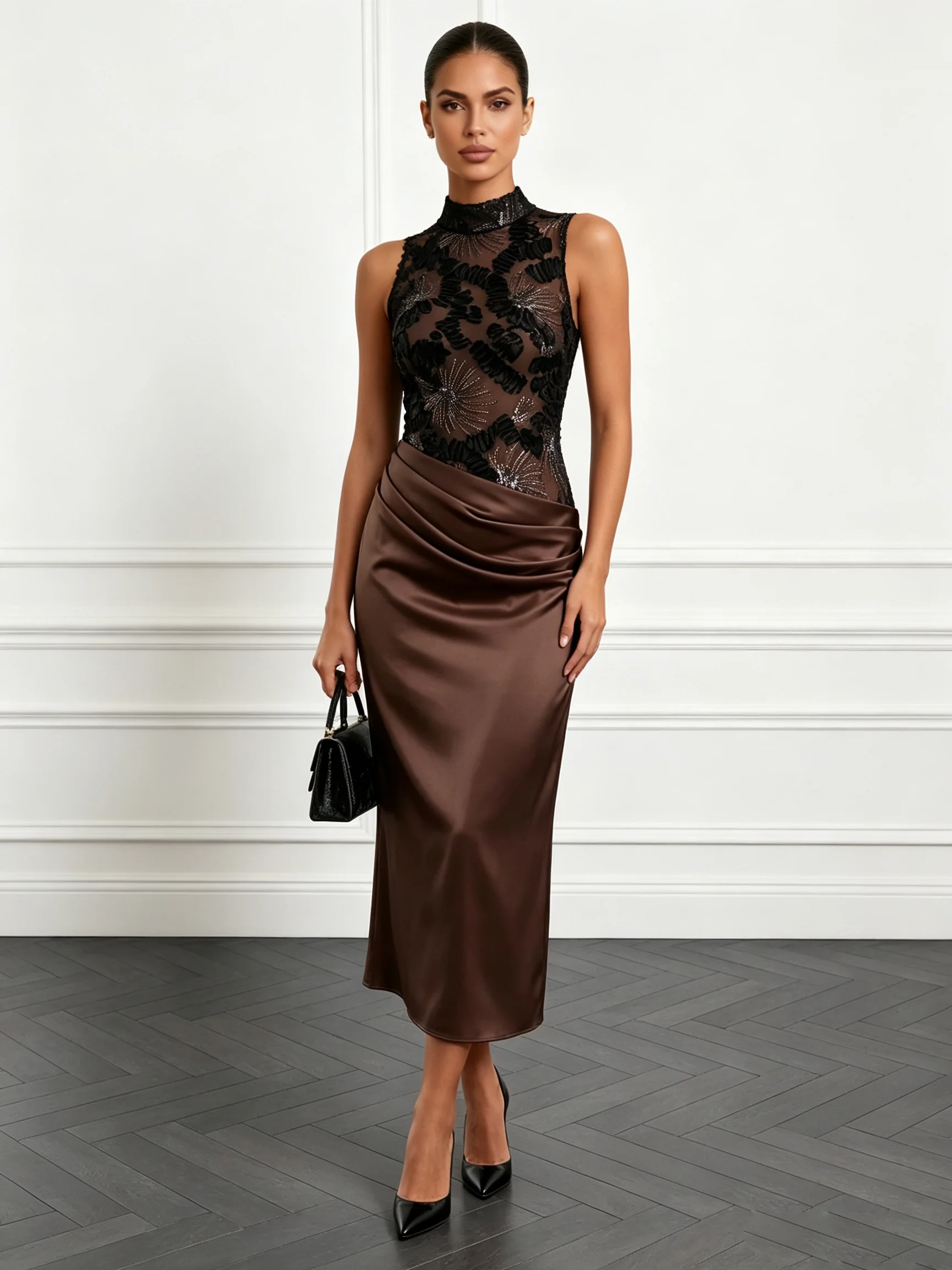 Deep Brown Jacquard Glitter Classic Mock Neck Sleeveless Mermaid Maxi Dress