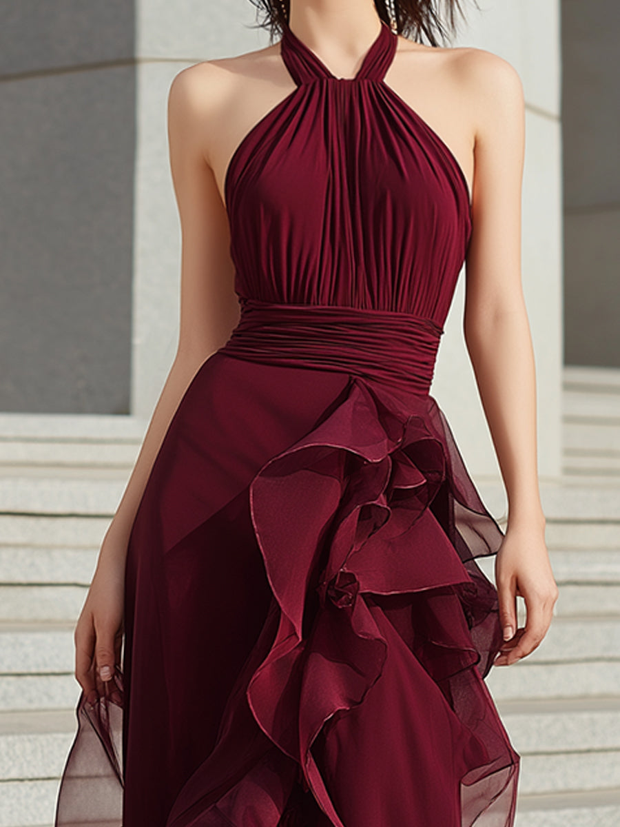 Elegant Halter Neck Evening Gown With Draped Design