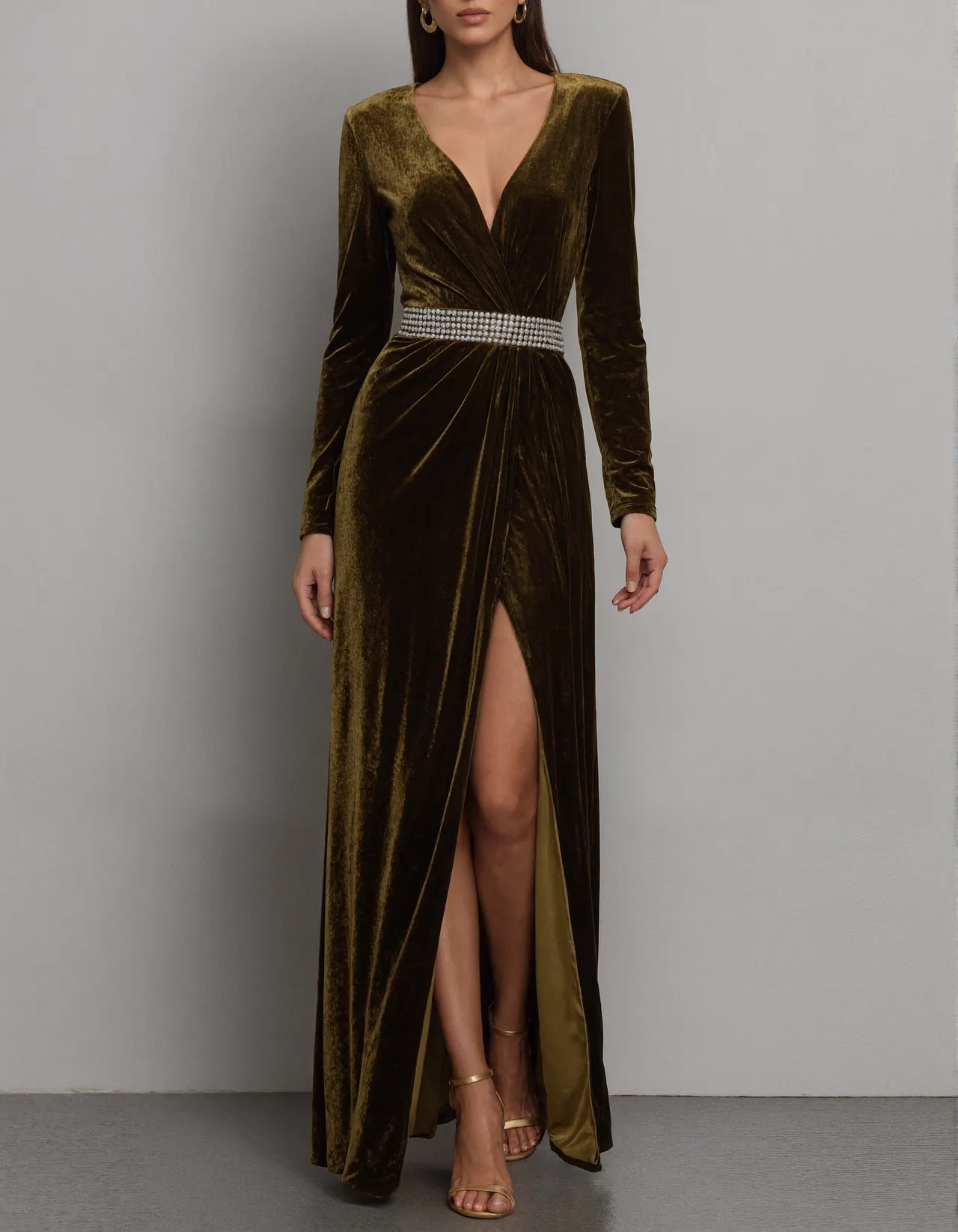 Olive Green Velvet V-Neck Maxi Dress
