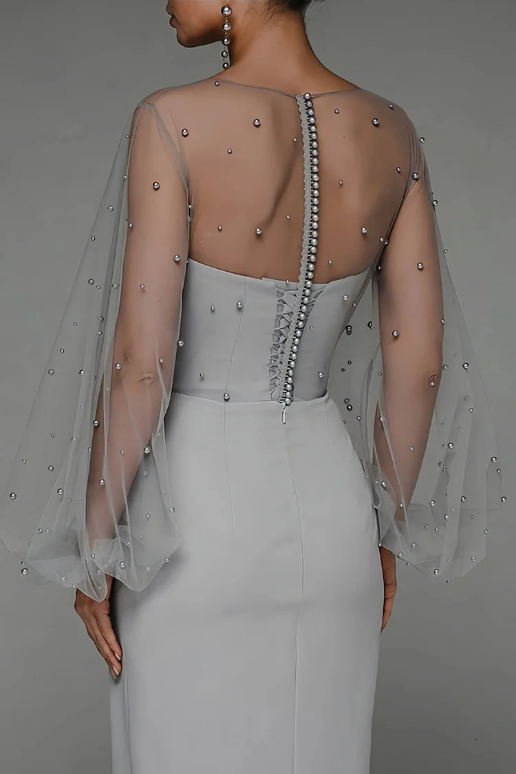 Faux Pearl Lantern Sleeve Midi Dress