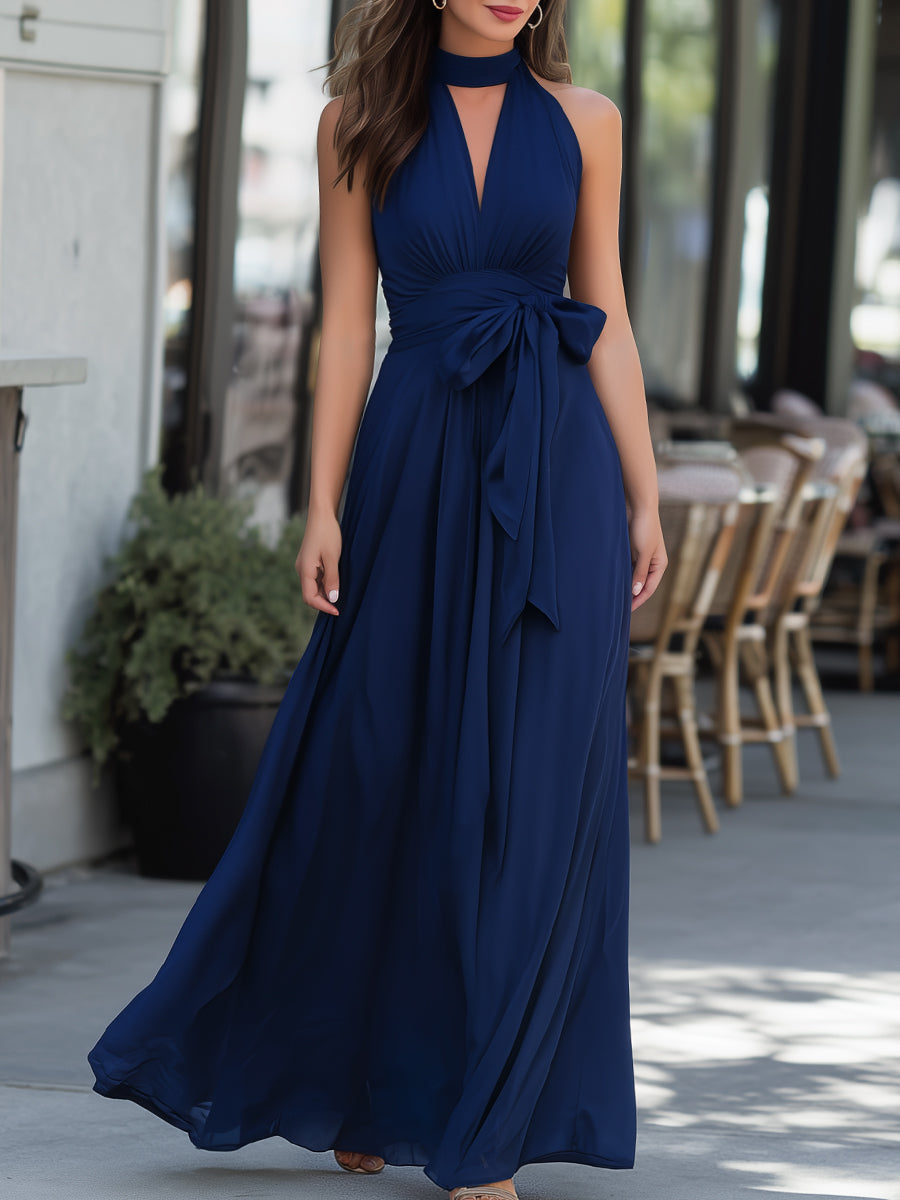 Navy Halter Neck Tie-Waist Flowing Maxi Dress