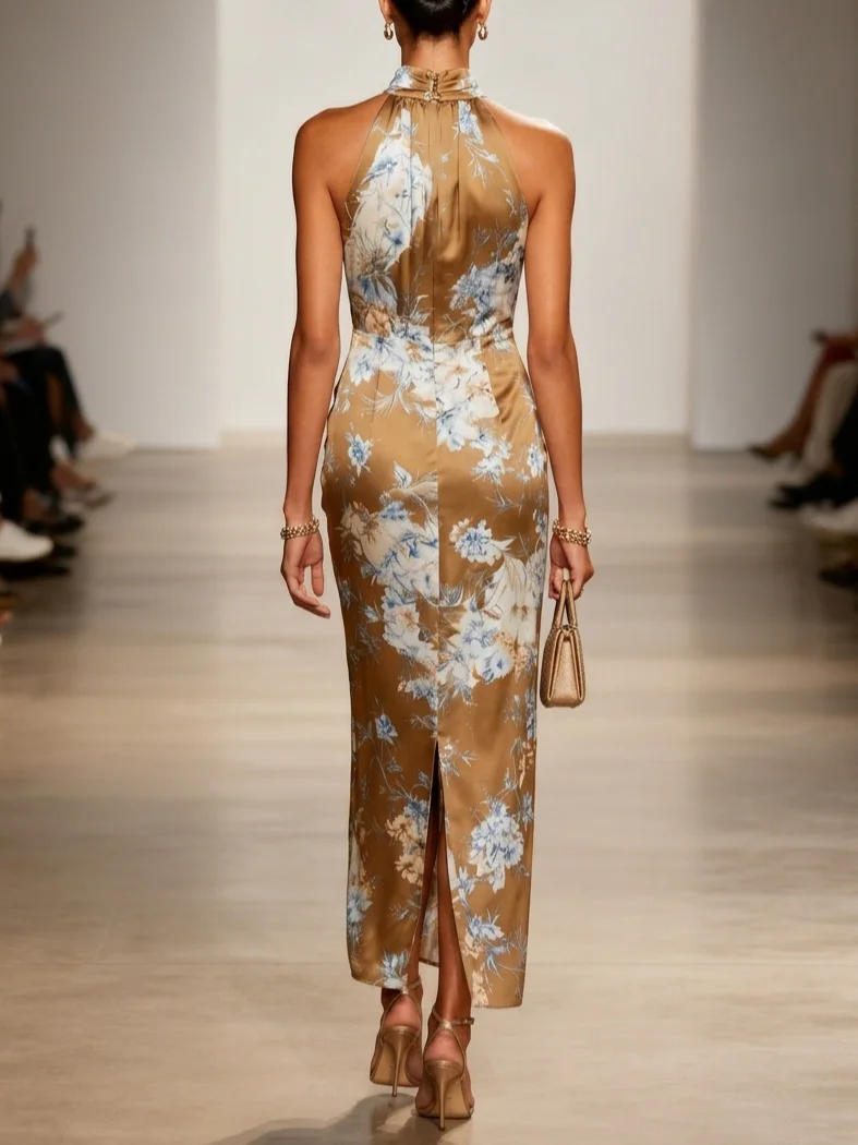 Brown Ruched Floral Satin Halter Neck Sleeveless Sheath Maxi Dress