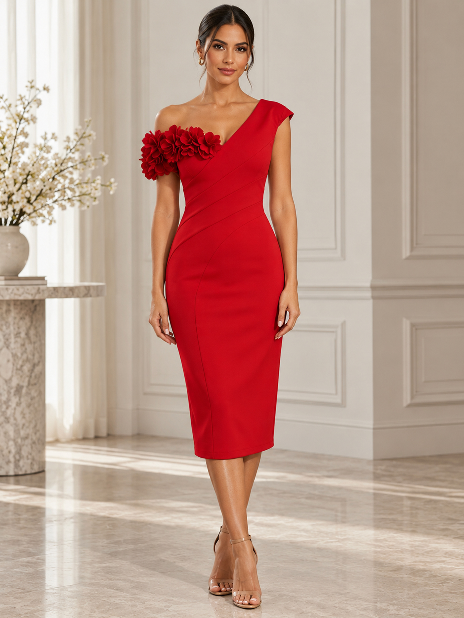 Red 3D Floral Classic Asymmetrical Sleeveless Sheath Midi Dress