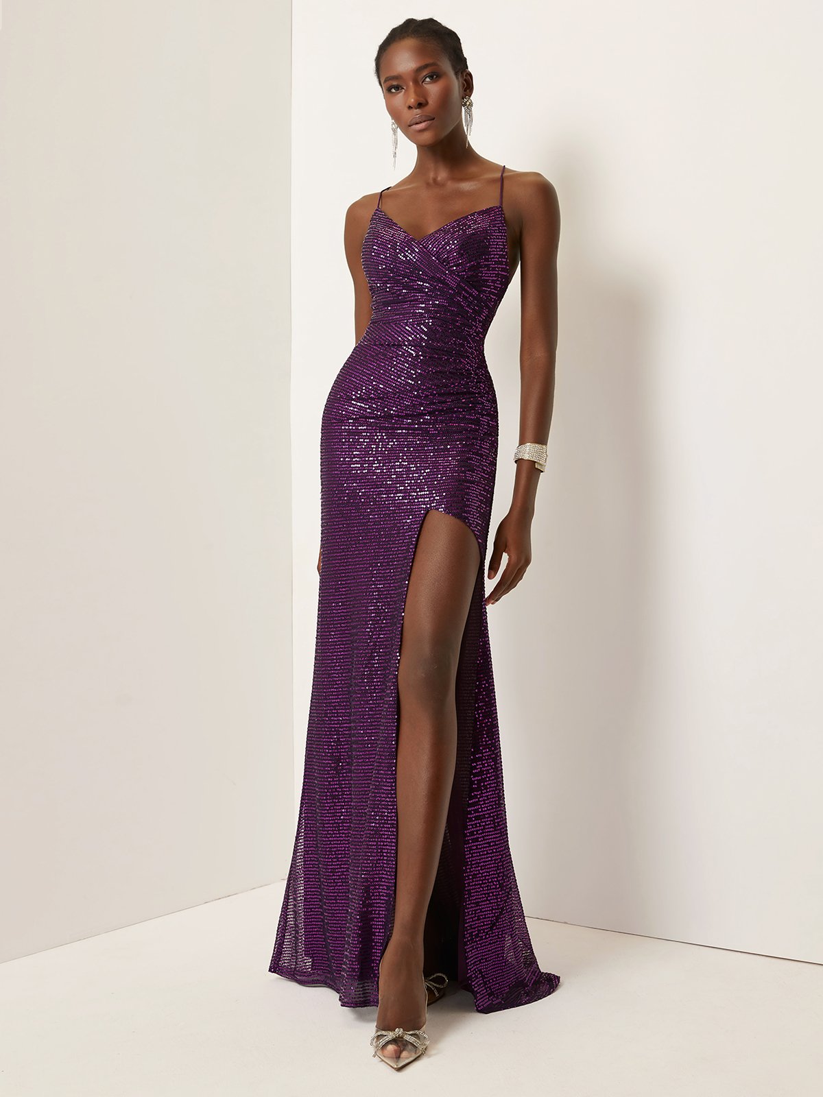 Purple Ruched Slit Sequin Spaghetti Gallus Sheath Gown Dress