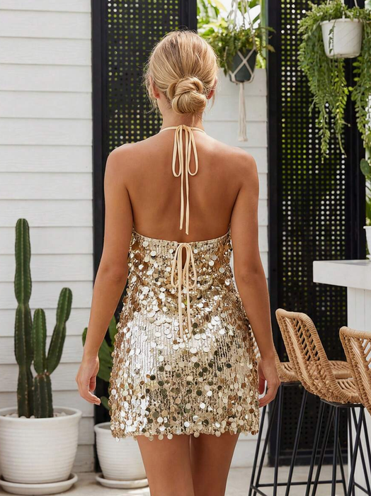 Gold Round Sequin Halter Mini Dress Tie Neck Sparkly Party Dress