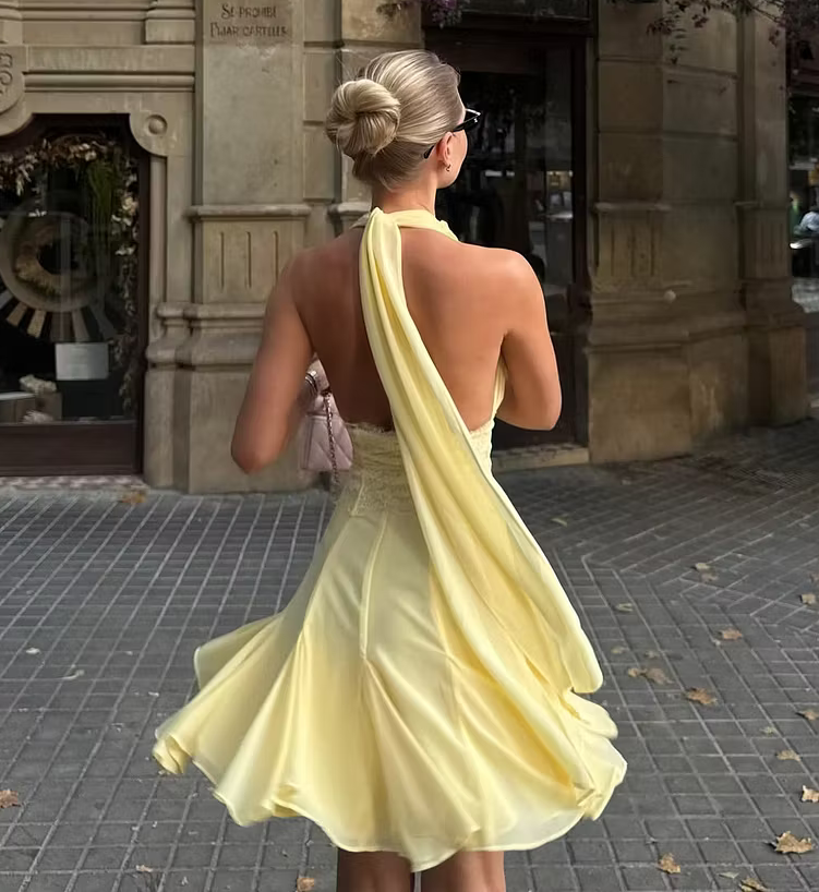 Light Yellow Halter Deep V Mini Dress Lace Waist Open Back Flowy Skirt