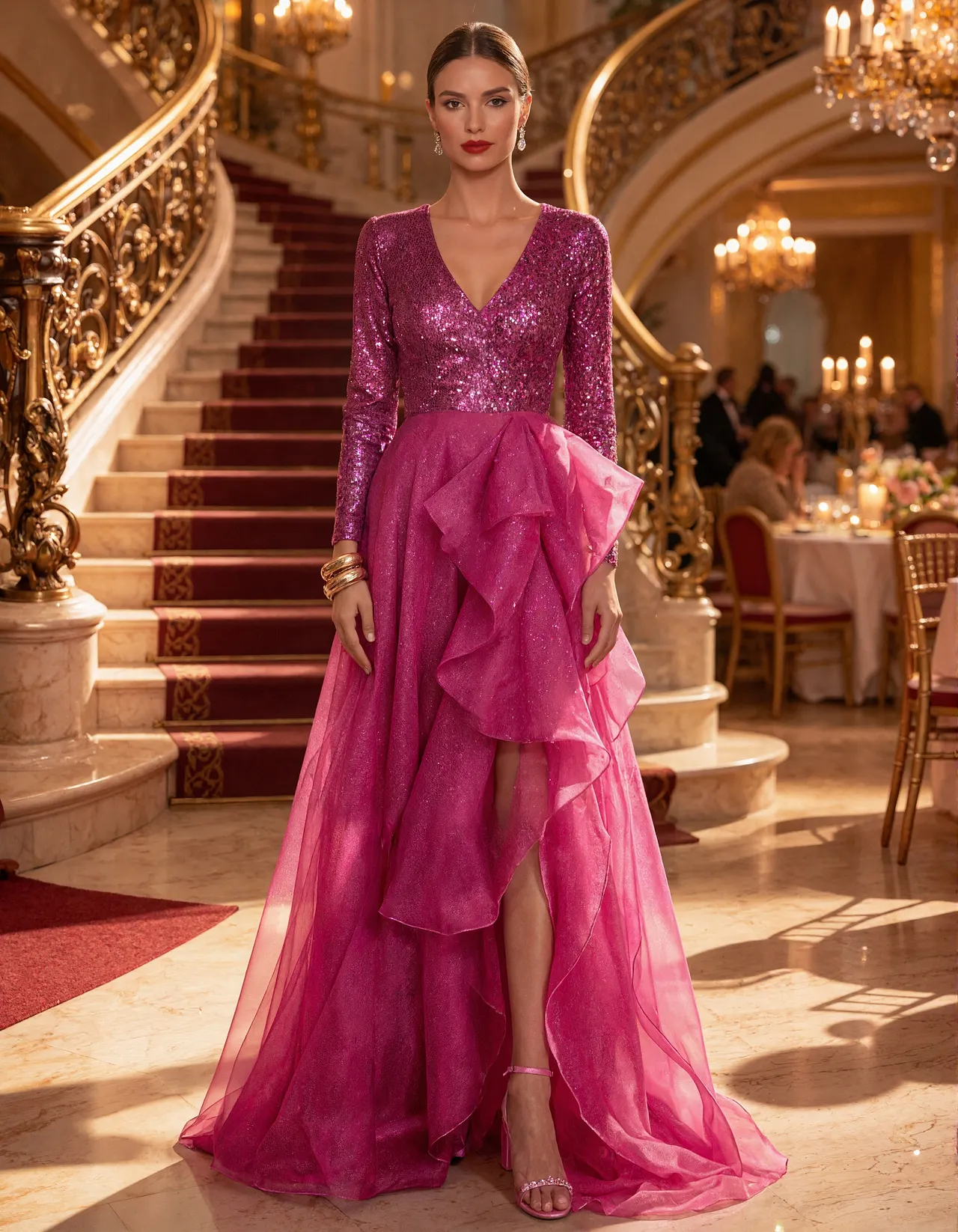 Solid Color Long Sleeve V-Neck With Sequins Maxi Dress