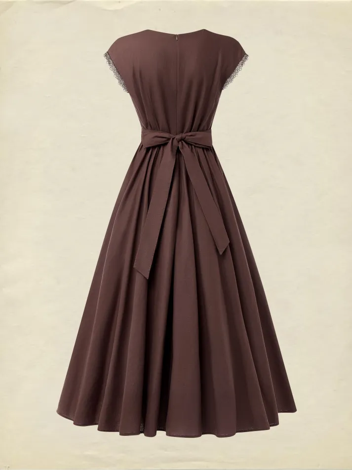 Linen Maxi Dress, Short Sleeve, Lace Collar, Plain, Vintage, CAMEO BROWN