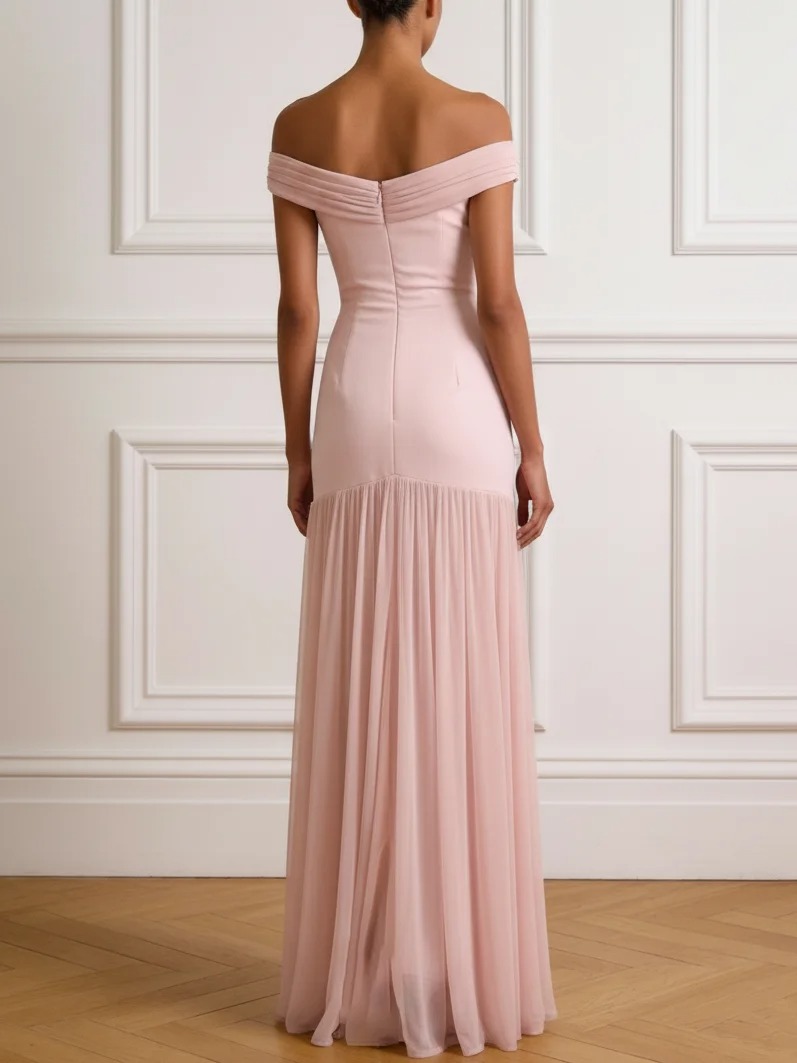 Pink Grommets Ruched Classic Off The Shoulder Short Sleeve Mermaid Maxi Dress