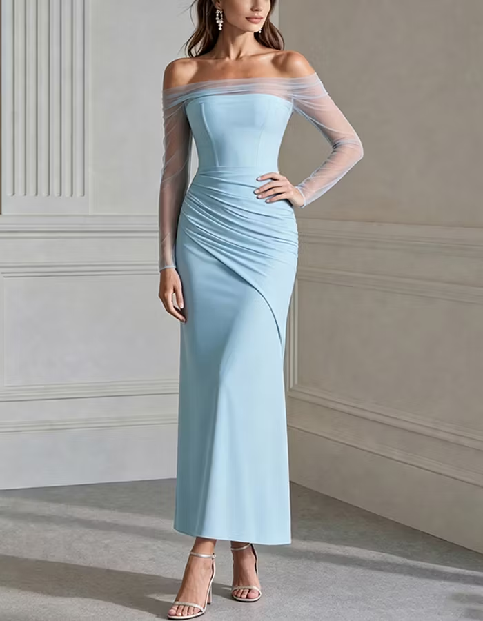 Light Blue Off Shoulder Sheer Mesh Sleeve Ruched Midi Dress