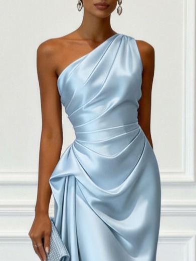 Light Blue Ruched Satin One Shoulder Sleeveless Sheath Midi Dress