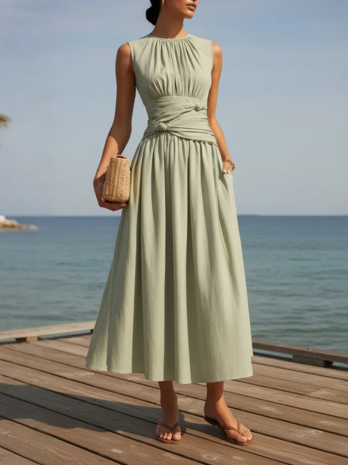 Maxi Linen Dress, Sleeveless, Round Neck, Plain, French Vintage, Green