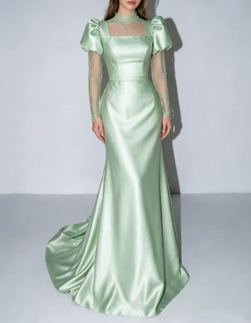 High Neck Lace Long Sleeve Satin Mermaid Evening Maxi Dress