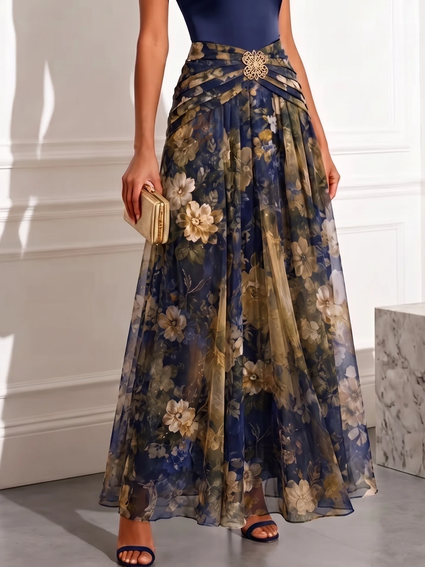 Deep Blue Floral Chiffon Mock Neck Sleeveless A-Line Maxi Dress