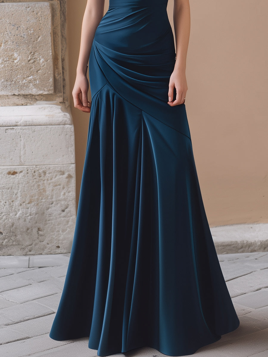 Navy Draped Cowl Neck Ruched Maxi Dress