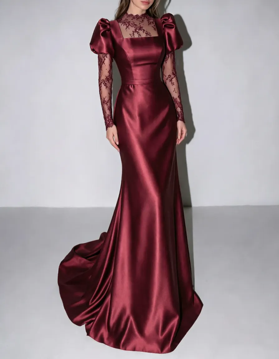 High Neck Lace Long Sleeve Satin Mermaid Evening Maxi Dress