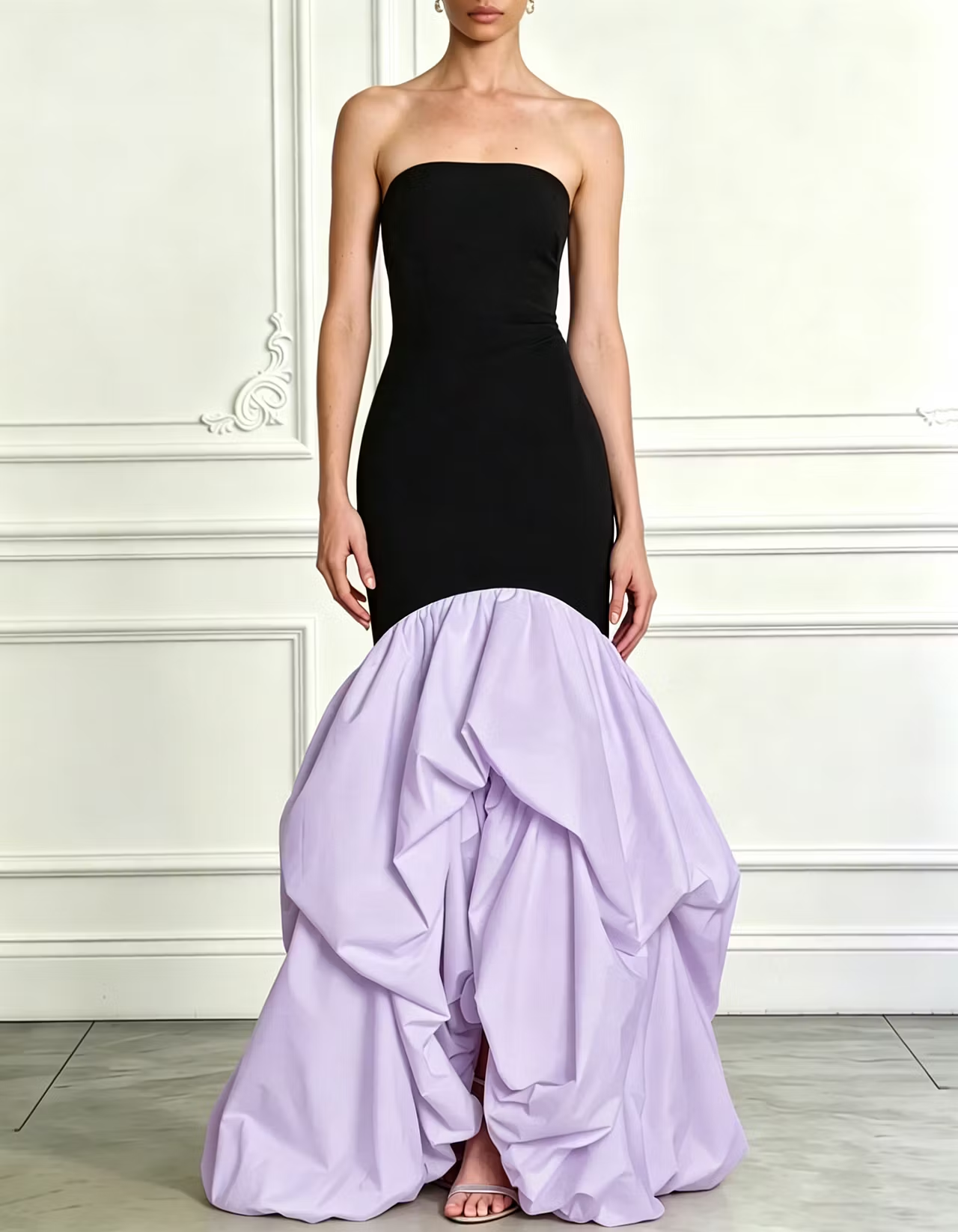 Strapless Two-Tone Stretch Blend Ruffle Mermaid Maxi Formal Dress