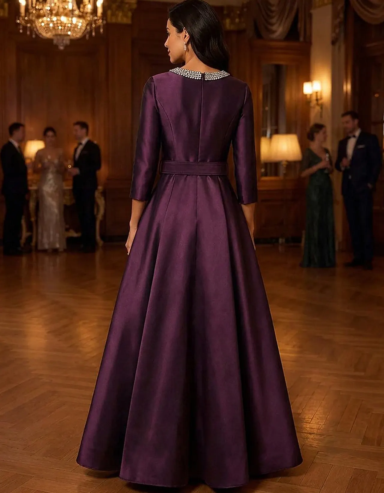 Satin Sequin Neck Belted 3/4 Sleeve A Line Maxi Dress