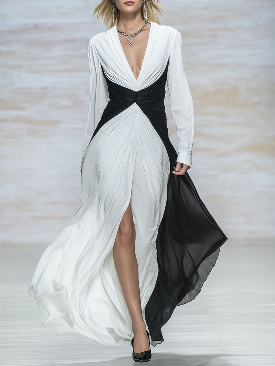 V-neck Color-block Chiffon Patchwork Long-sleeved Maxi Dress