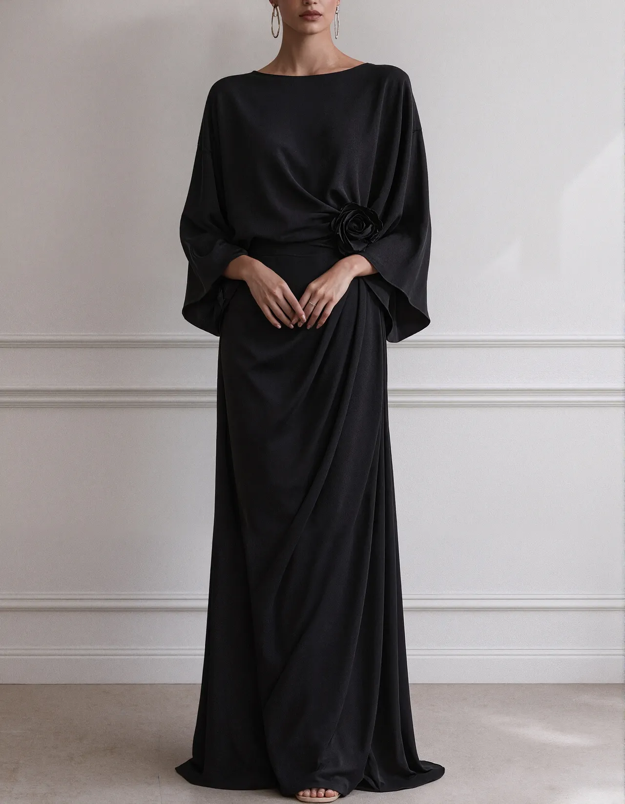 Solid Color Boat Neck Batwing Sleeves Maxi Dress