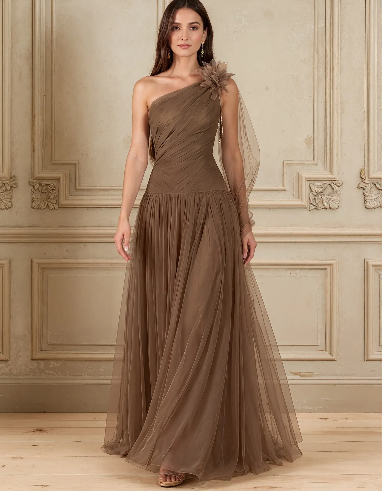 Brown A-line Tulle With One Shoulder Design Maxi Dress