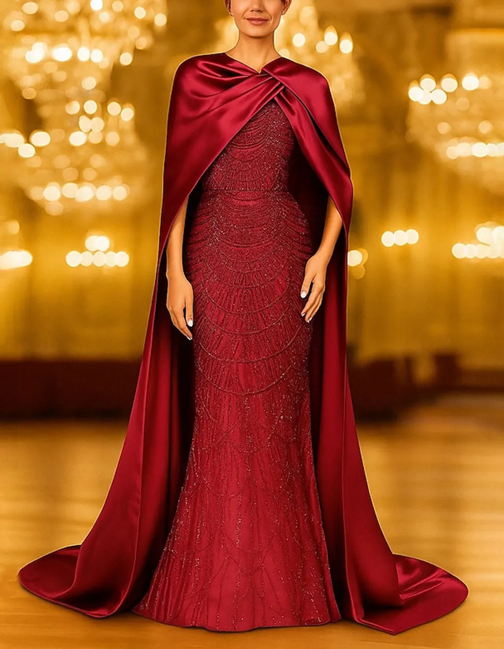 Champagne Gold Twist Cape Beaded Mermaid Maxi Dress