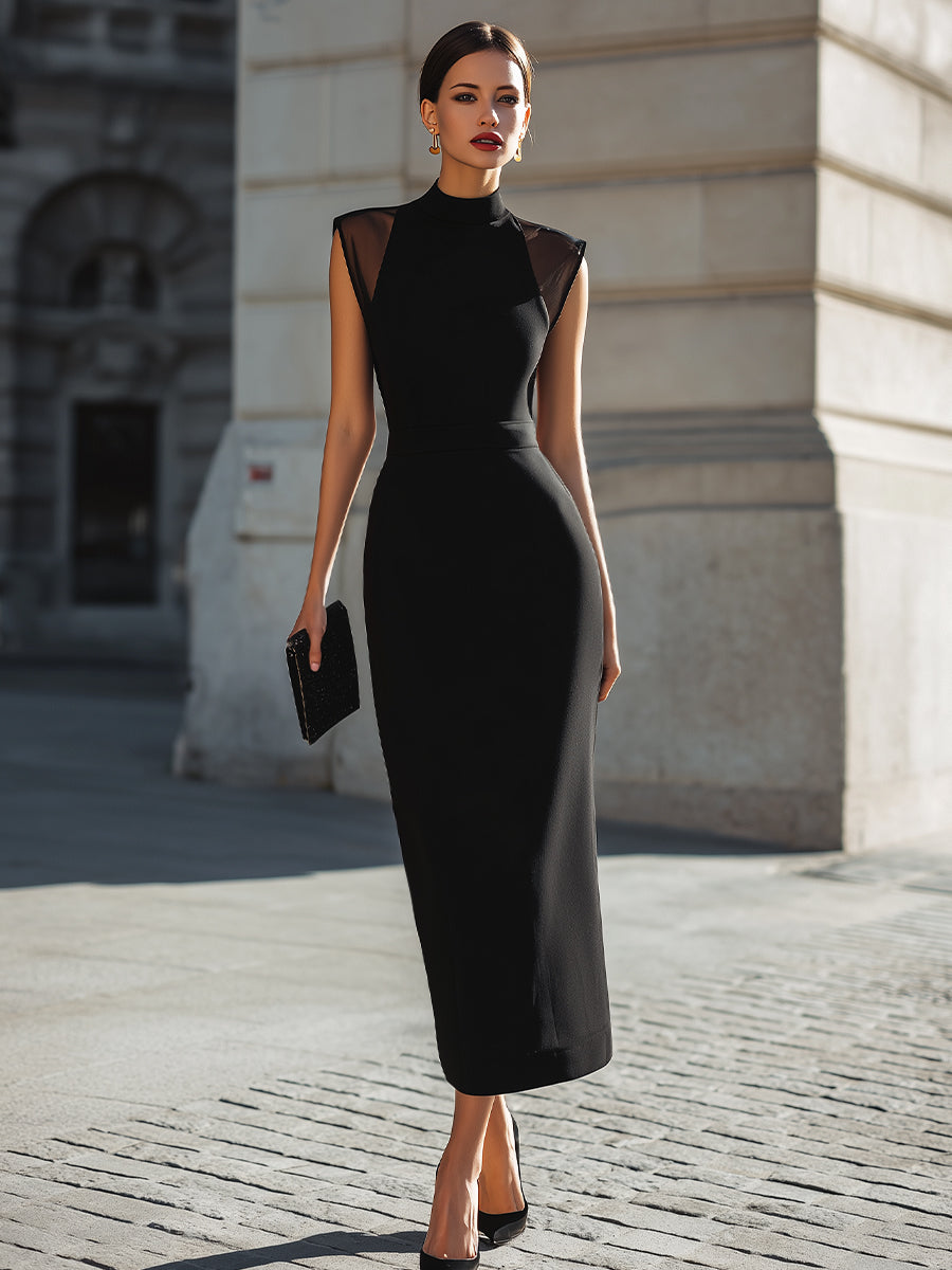 Black Structured High-Neck Midi Dress With Sheer Shoulder Panels