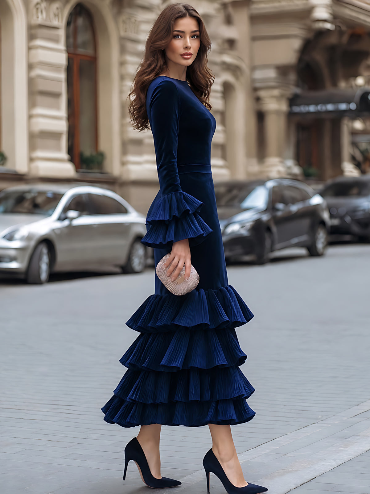 Velvet Ruffle Trumpet Mermaid Evening Dress