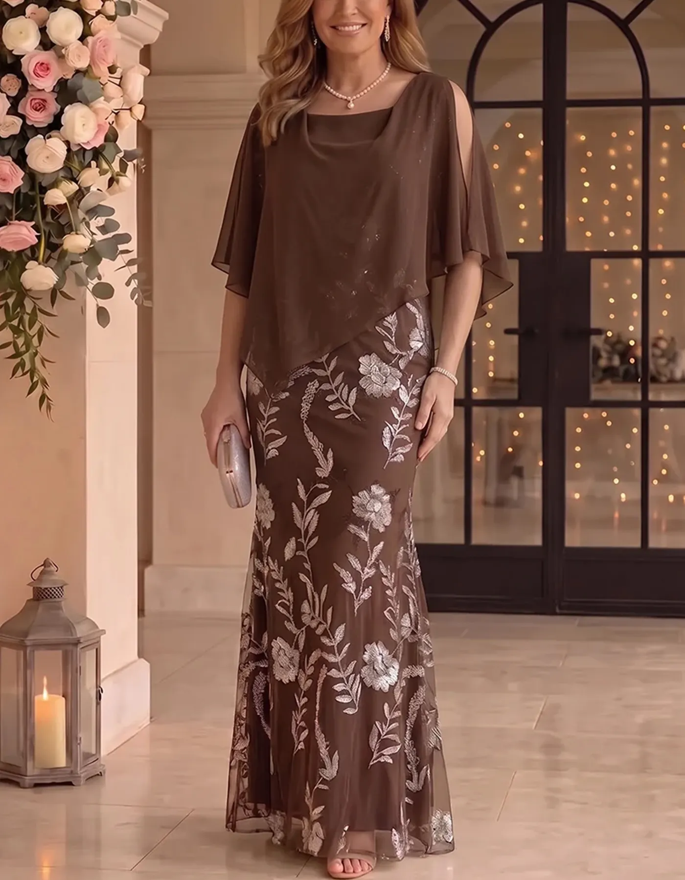 Brown Chiffon Cape Overlay Floral Lace Embroidery Maxi Dress