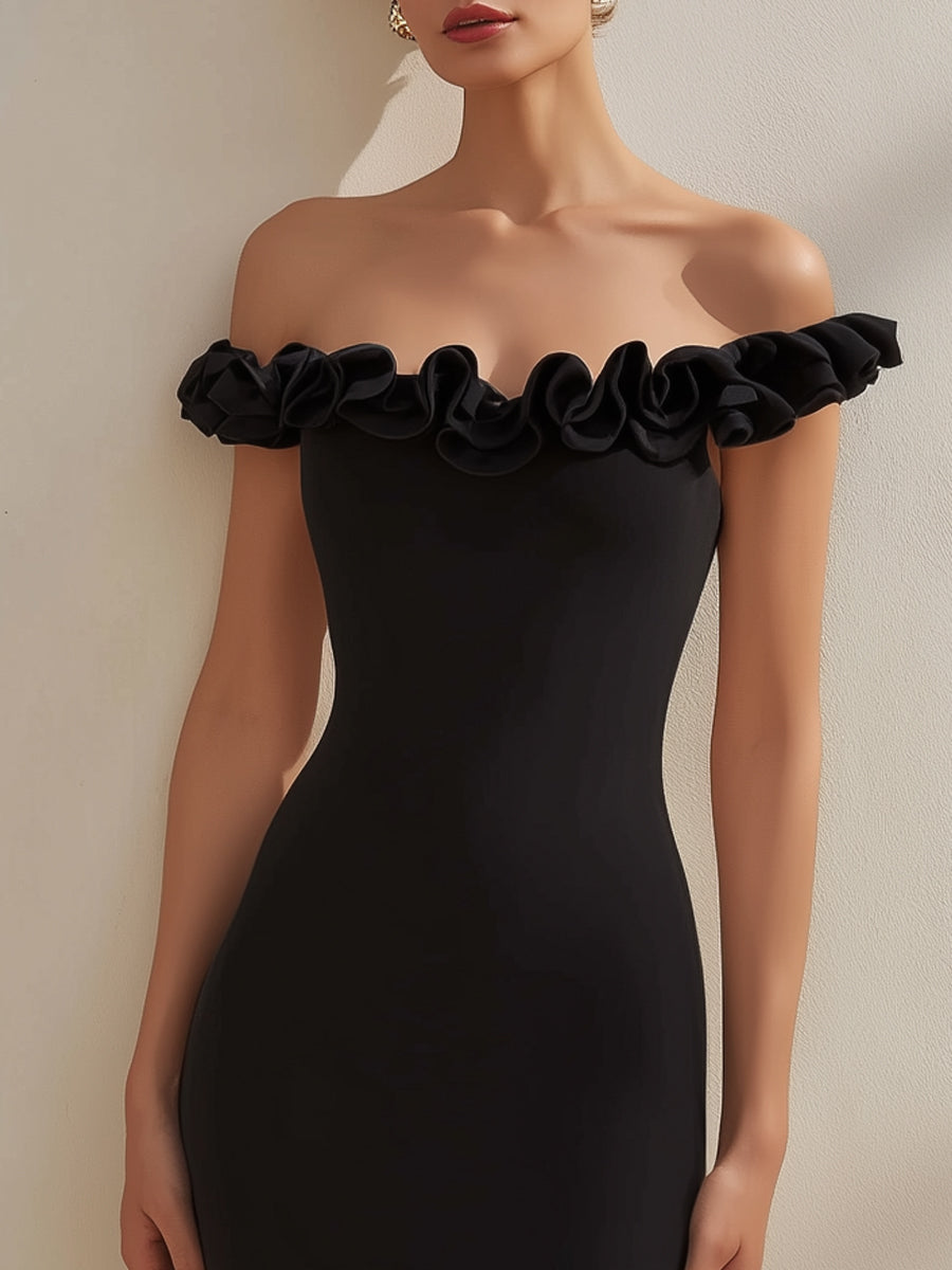 Black Ruffled Off-Shoulder Sculpted Midi Dress