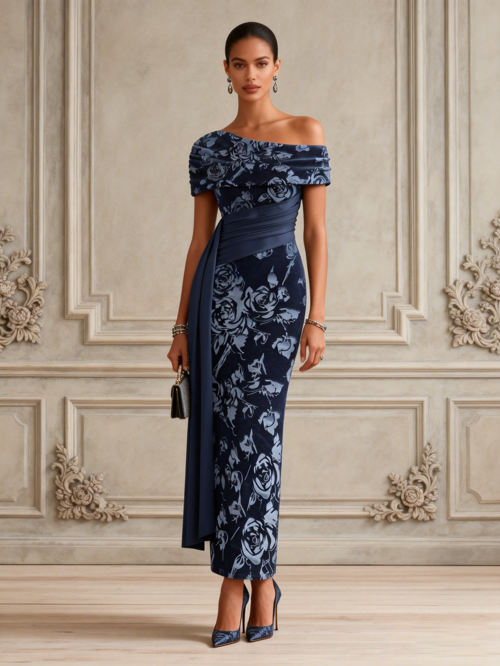 Purplish Blue Split Joint Ruched Velvet One Shoulder Short Sleeve Bodycon Maxi Dress