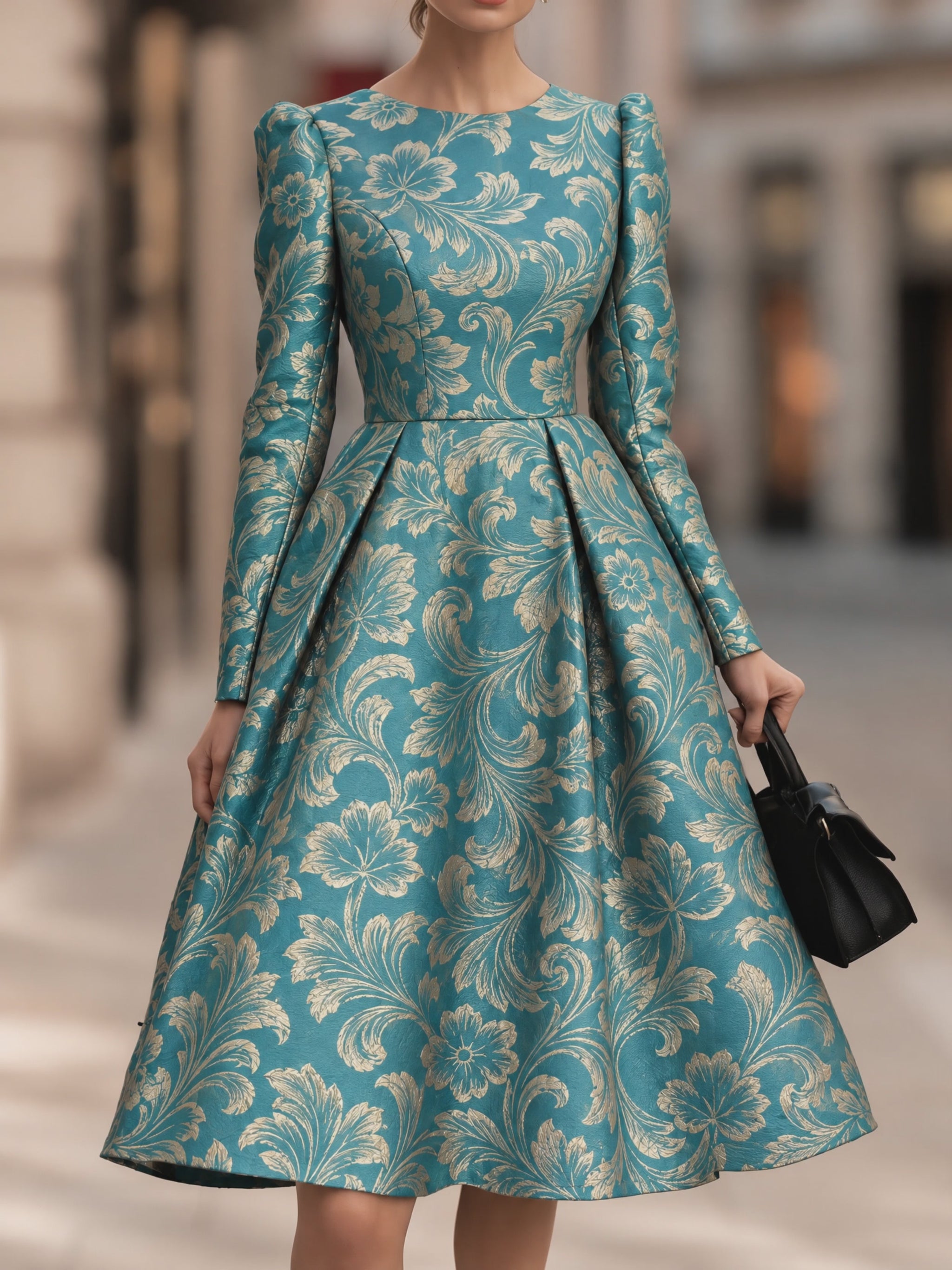Teal Floral Jacquard Long Sleeve Midi Dress – Puff Shoulder Pleated A-Line Dress