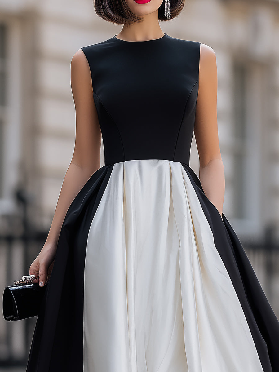 Black & White Color Block Sleeveless Fit-and-Flare Midi Dress