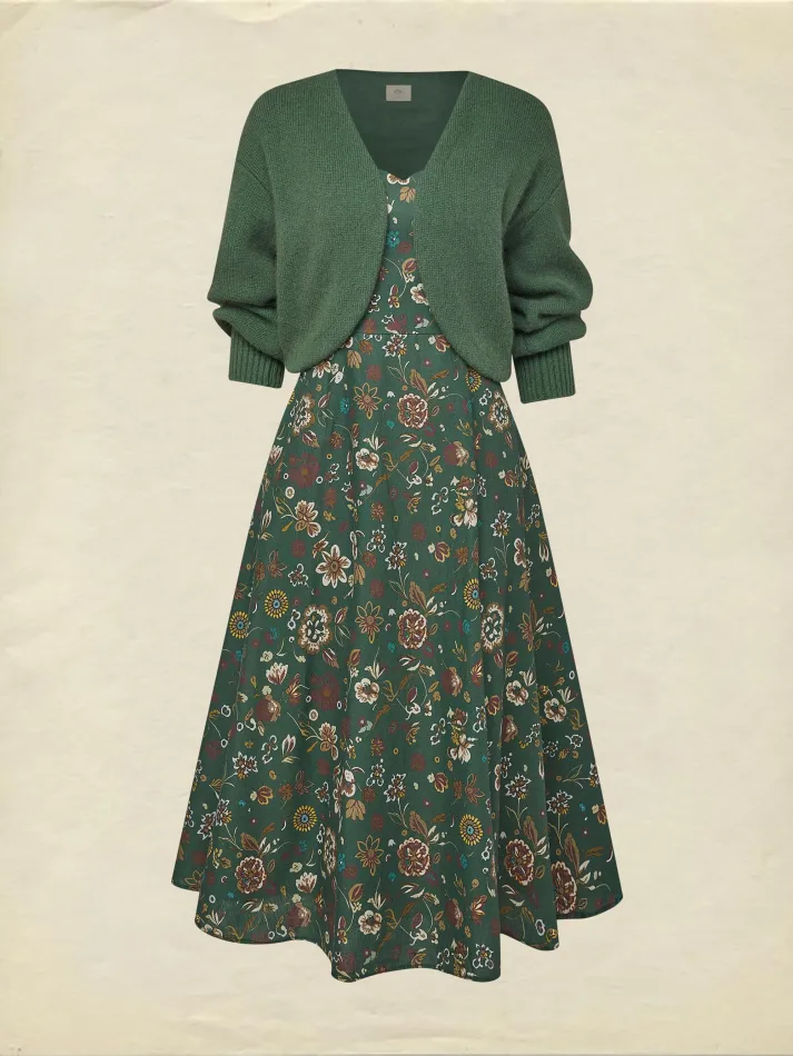 Midi Linen Dress, Long Sleeves, Square Neck, Paisley, Vintage, Green