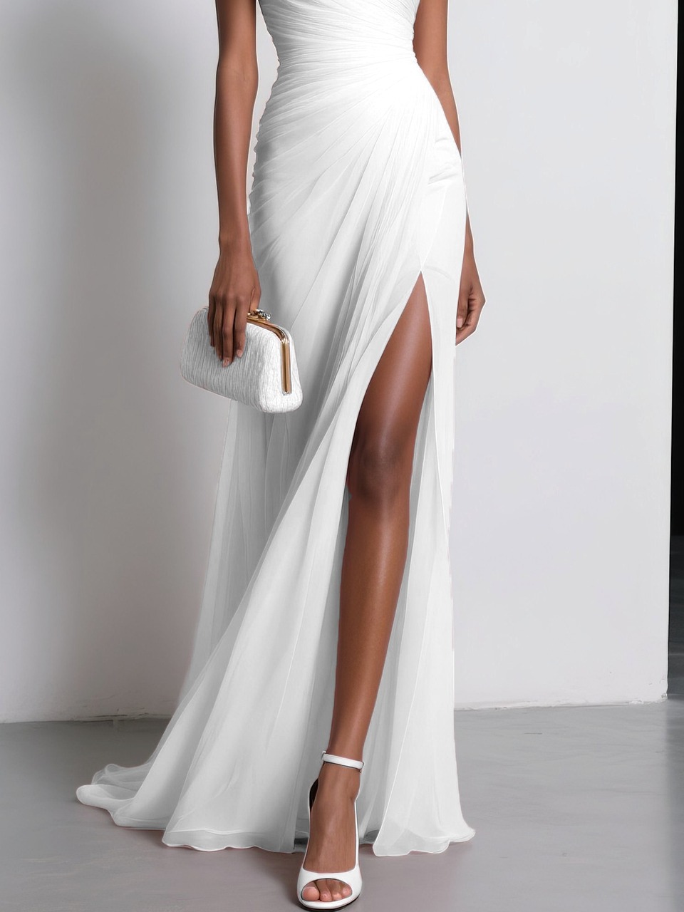 White 3D Floral Ruched Chiffon One Shoulder Sleeveless Sheath Gown Dress