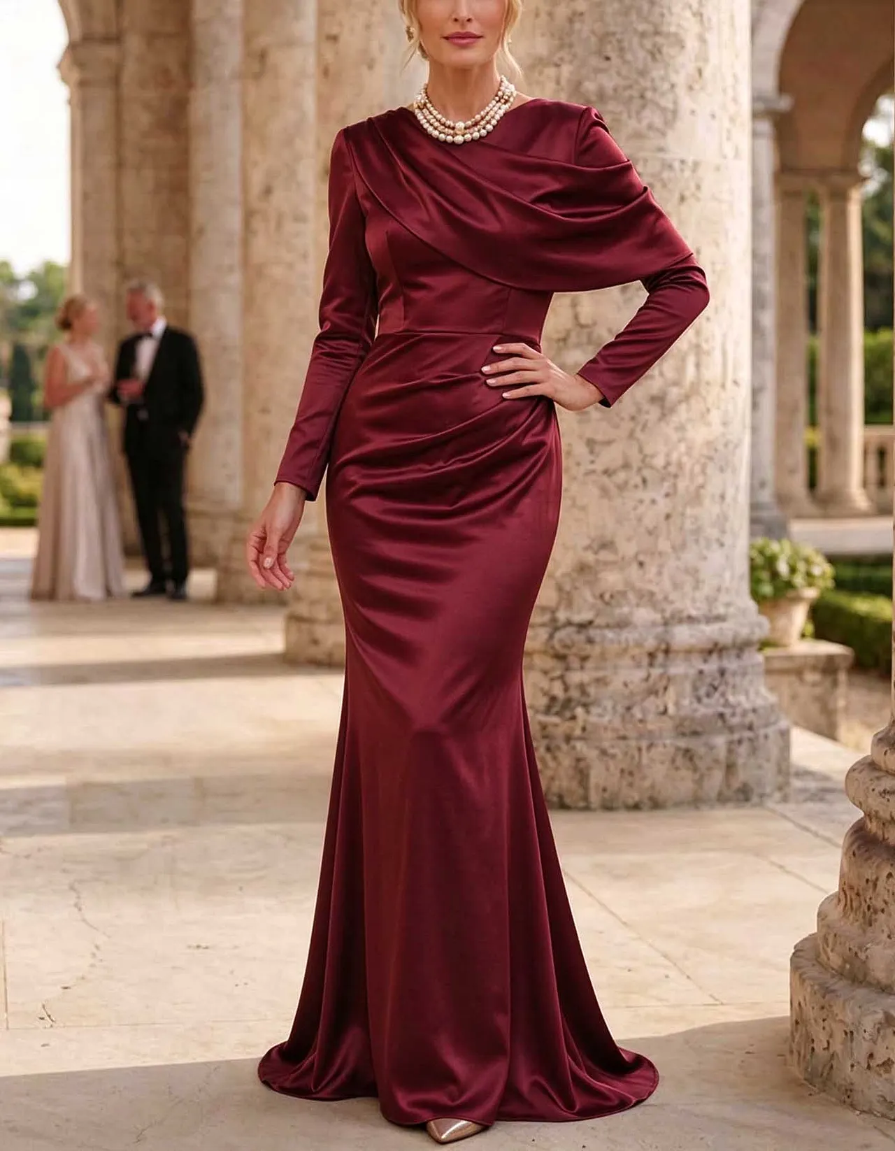 Long Sleeve Draped Satin Mermaid Maxi Dress