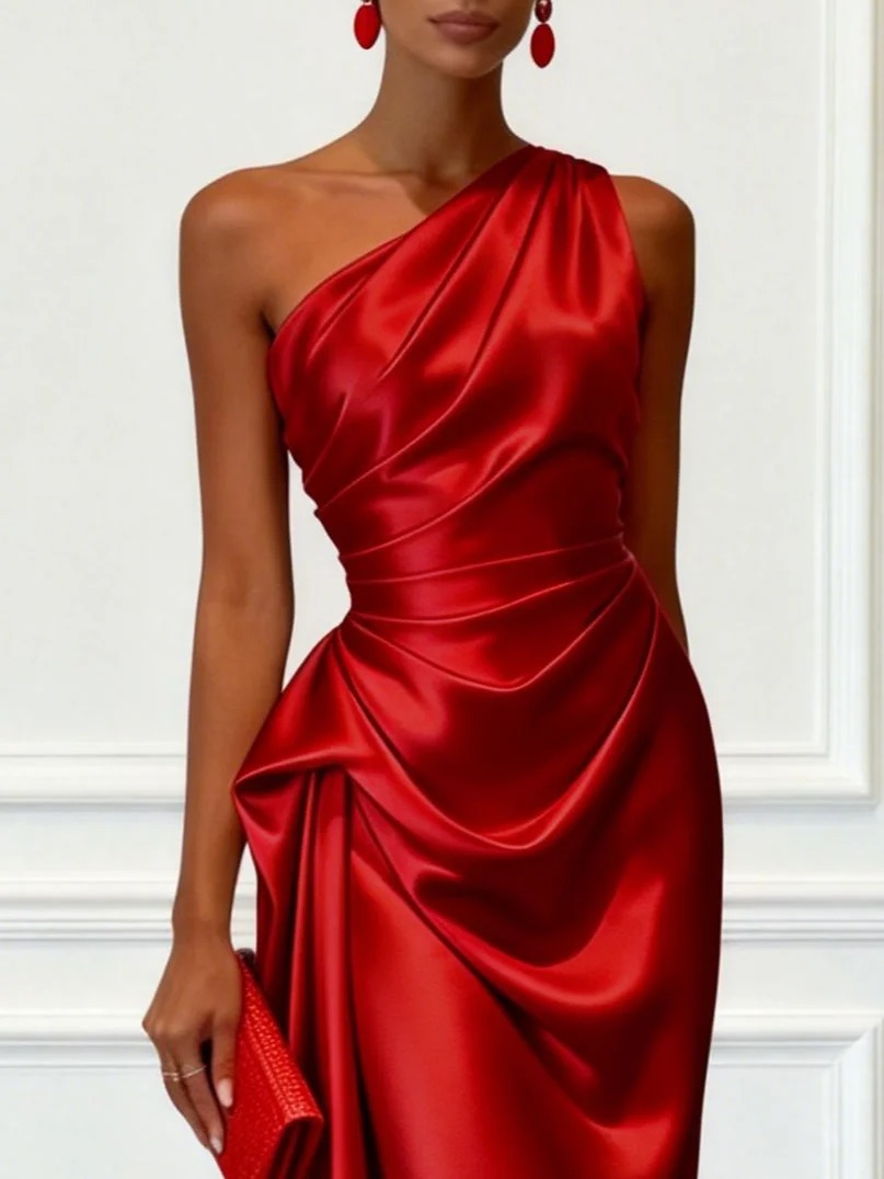 Red Ruched Satin One Shoulder Sleeveless Sheath Midi Dress