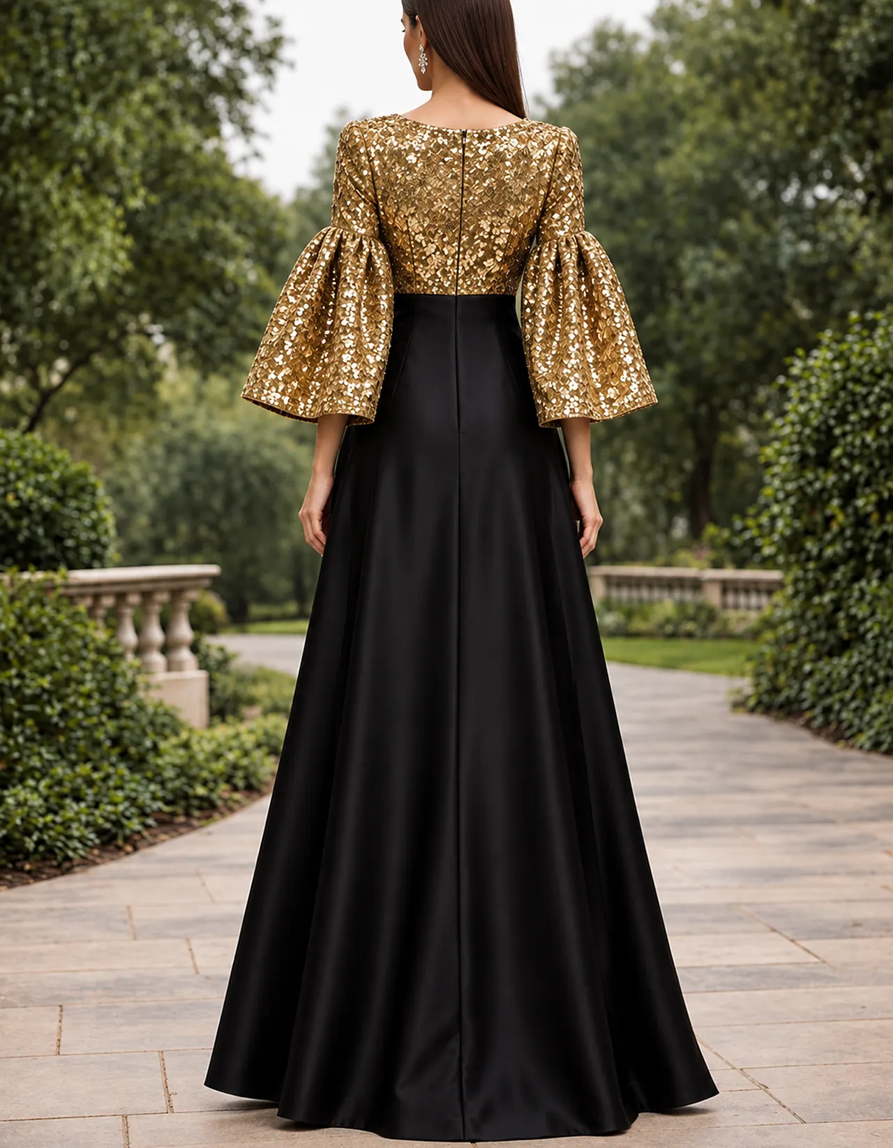 Gold Sequin Bell Sleeve Black Satin A-Line Maxi Dress