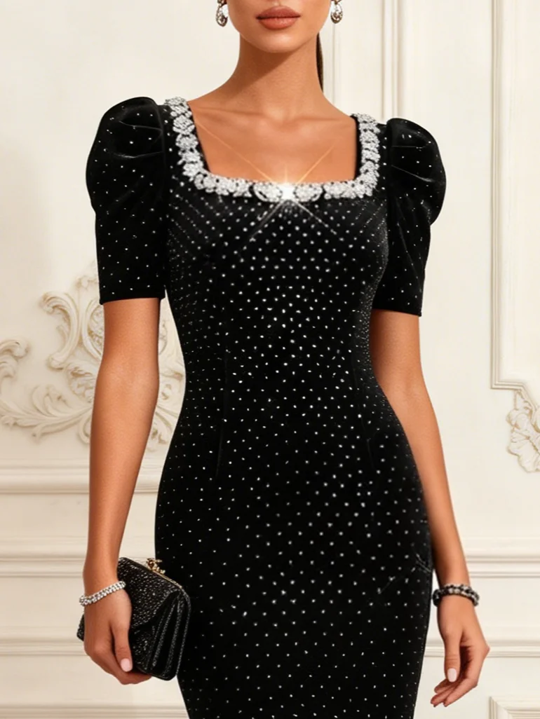Black Hot Drilling Rhinestone Velvet Square Neck Short Sleeve Mermaid Midi Dress