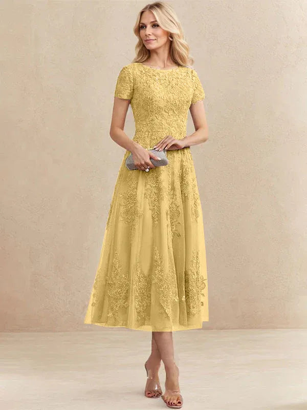 A-line Scoop Tea-Length Tulle Lace Mother of the Bride Dress